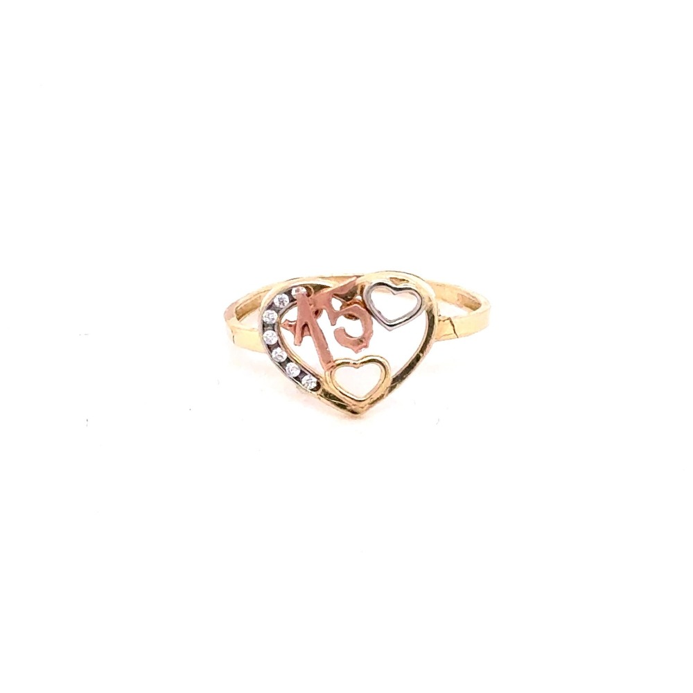 10k Gold Tri-Color Heart 15 Quinceañera Ring CZ Accents Size 6.5
